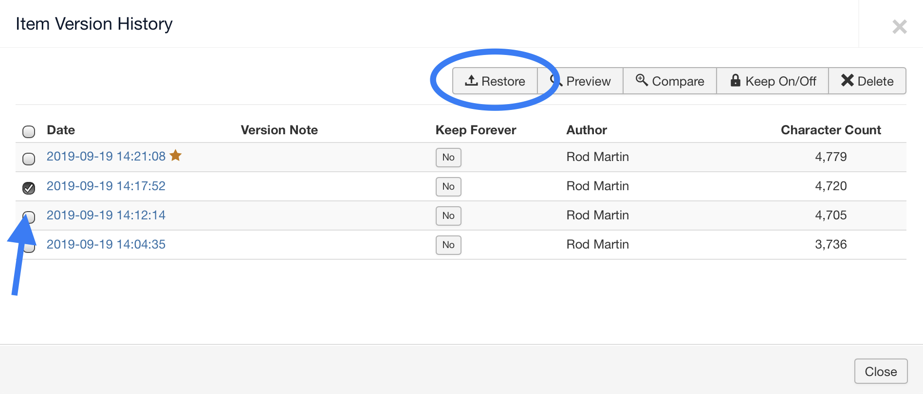 Articles Edit Administration Restore