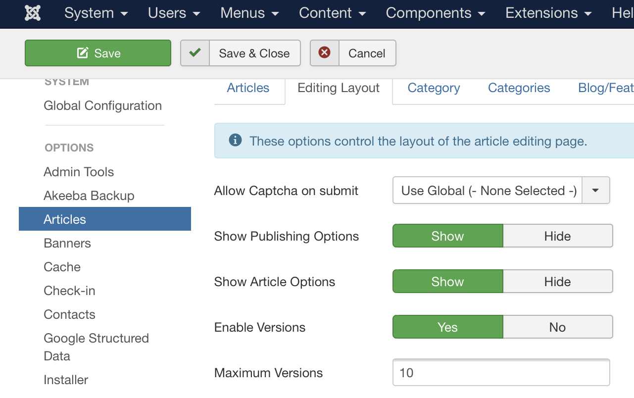 Articles Options Administration
