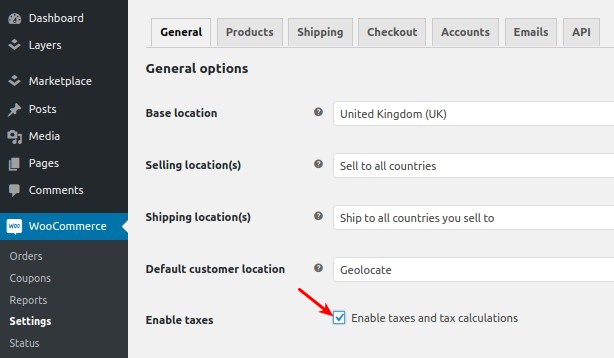 Enable taxes checkbox